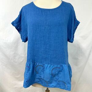 TERZO MILLENNIO Italian Linen Blue Short Sleeve Blouse Embroidered‎ Ruffle Hem L